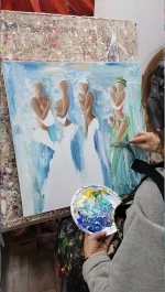 Tableau de Sylvie Adaoust sur le thème des mères et enfants du monde au format 60x60cm de 2025