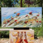 Tableau paysage de fleurs des champs en mouvement peint au couteau et au pinceau par Sylvie Adaoust, vue d’ensemble sur chevalet en extérieur