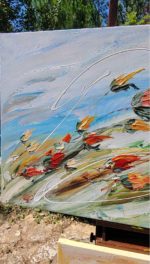 Zoom sur relief et gestuelle expressive du paysage floral moderne peint à l’acrylique