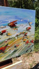 Détail matière au couteau fleurs rouges en mouvement dans paysage champêtre contemporain de Sylvie Adaoust