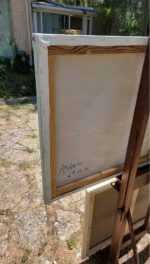 Dos du tableau paysage fleurs sauvages 2023, toile montée sur châssis bois signée par l’artiste Sylvie Adaoust