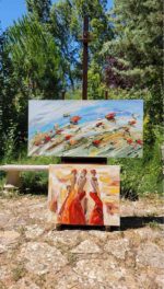 Présentation du tableau fleurs des champs contemporain exposé en extérieur dans la nature par Sylvie Adaoust