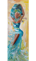 Tableau femme en mouvement robe turquoise avec bijoux en feuille d’or fond lumineux peinture contemporaine
