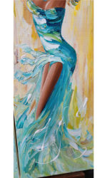 Détail bas tableau femme robe turquoise signature artiste peinture acrylique au couteau