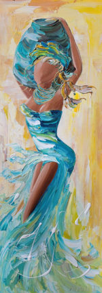 Tableau femme africaine stylisée mouvement robe turquoise peinture au couteau avec effets de matière