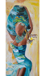 Gros plan visage stylisé femme avec bijoux feuille d’or peinture au couteau