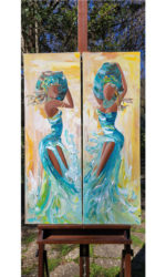 Diptyque tableaux femmes en mouvement robes turquoise fond jaune lumineux peinture contemporaine
