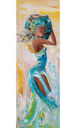 Tableau femme en mouvement robe turquoise avec effets de matière et fond lumineux