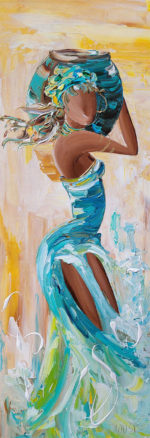 Peinture femme stylisée robe turquoise mouvement fluide et textures épaisses