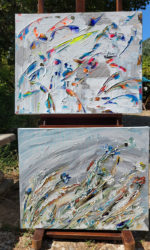 Tableau de lyrisme abstrait « La Danse des Courants » de Sylvie Adaoust présenté sur chevalet dans le jardin de l’atelier