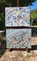 Détail de peinture abstraite avec gestes de couteau et couleurs vives